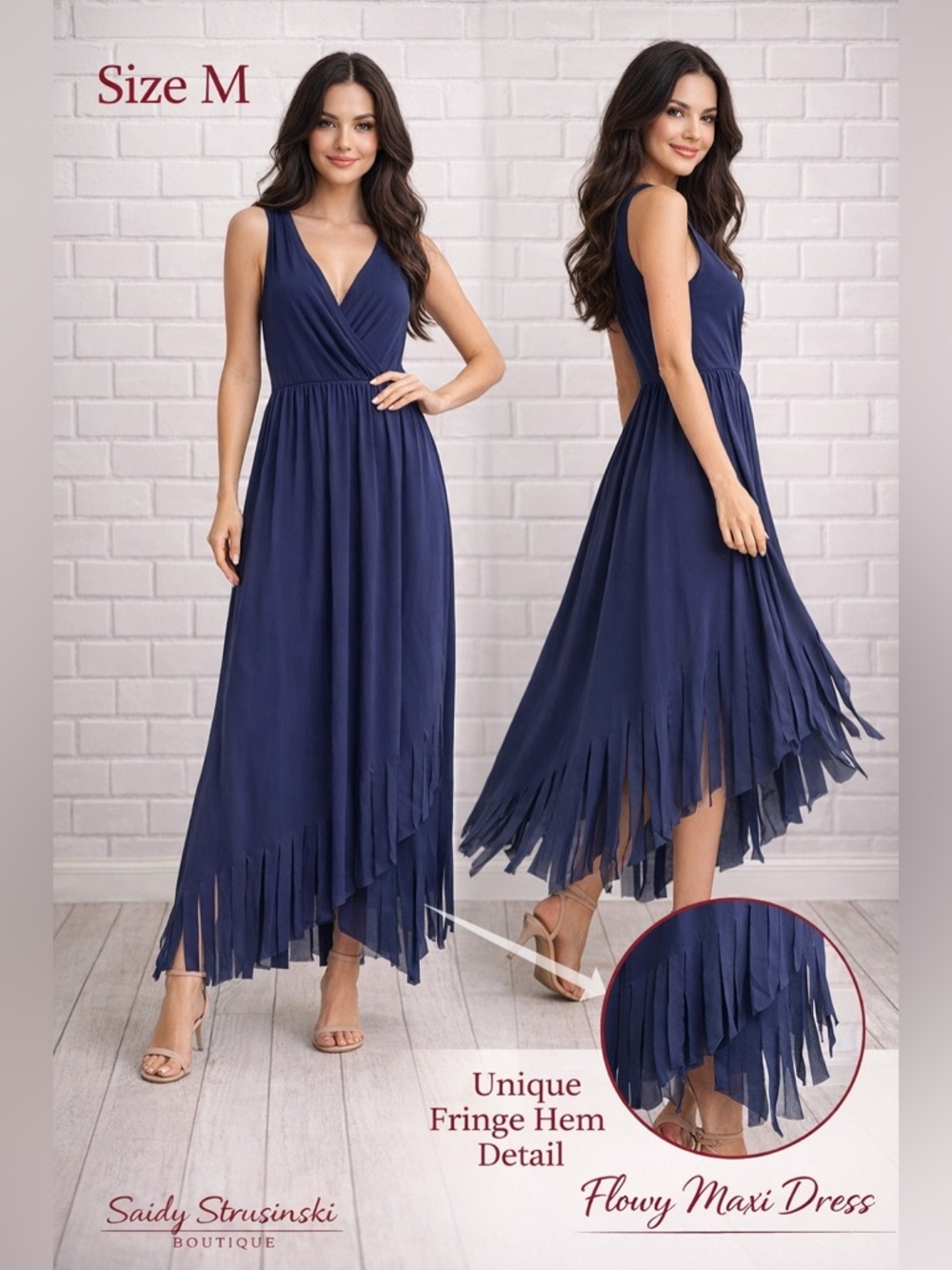 LOVE SCARLETT Navy Blue Flowy Maxi Dress Fringe Hem coastal seaside Wrap/M